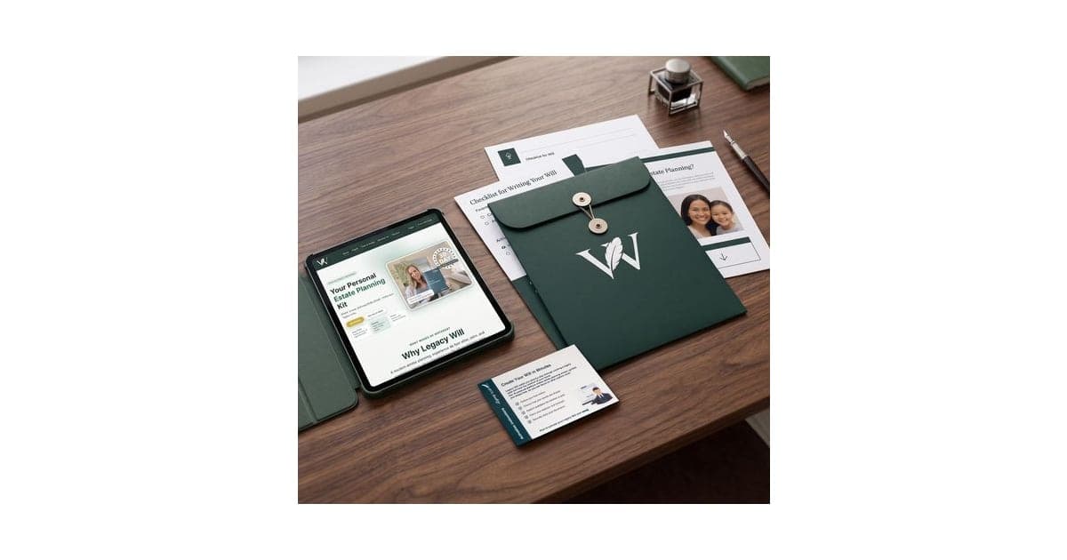 Legacy Will green envelope with checklists beside a tablet showing the Legacy Will estate planning website