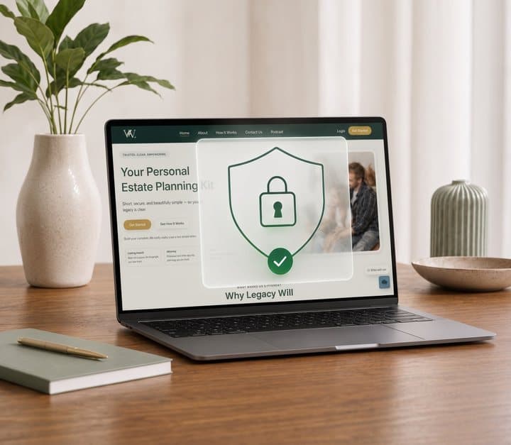 Laptop showing the Legacy Will site with a padlock and shield symbol