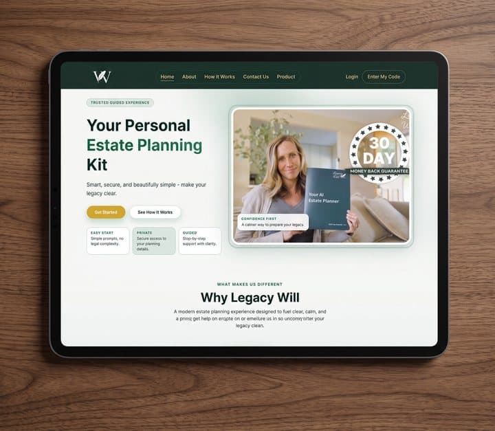 Tablet on a wooden table showing the Legacy Will personal estate planning kit website