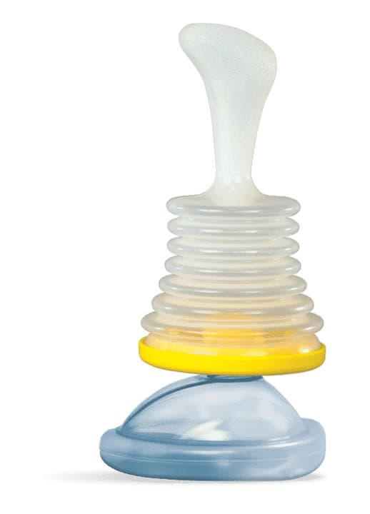 LifeVac plunger with a white handle, clear bellows, yellow ring and blue mask