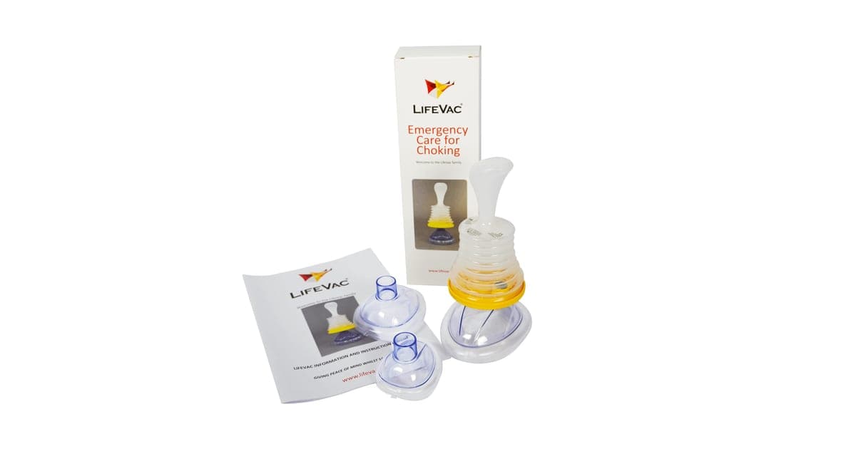LifeVac home kit with the plunger device, adult, child and paediatric masks, box and instruction booklet