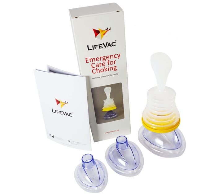 LifeVac box, booklet, device and three masks of different sizes laid out