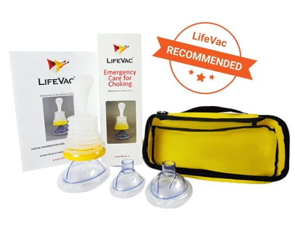 LifeVac kit with booklet, masks and yellow bag with a LifeVac recommended badge