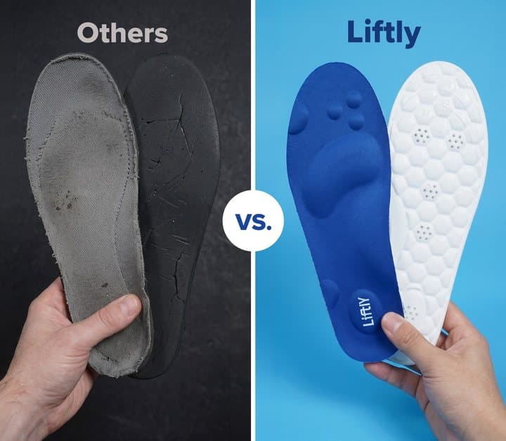 Side-by-side photo of worn flat grey insoles labelled others and new blue Liftly insoles
