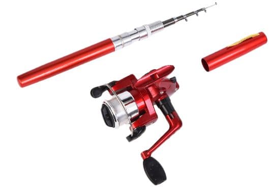 Red aluminium pen-shaped fishing rod partly extended with silver sections and guides, its cap removed, and a small red spinning reel with a black handle