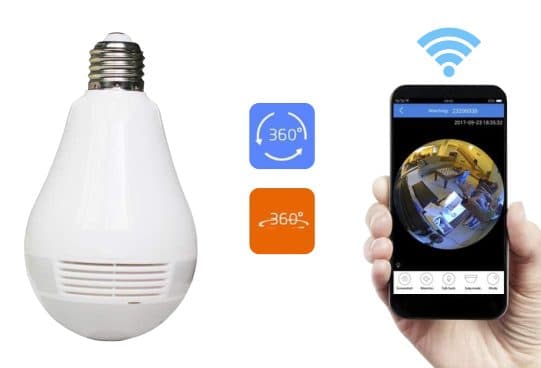LiveGuard Pro white bulb-shaped camera with an E27 screw base and side vents, beside 360 degree icons and a hand holding a phone showing a circular fisheye room view