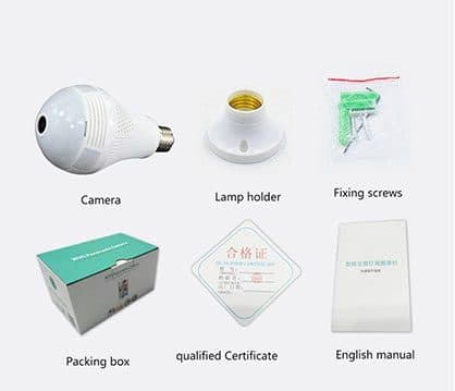 Six photos labelled camera, lamp holder, fixing screws, packing box, qualified certificate and English manual