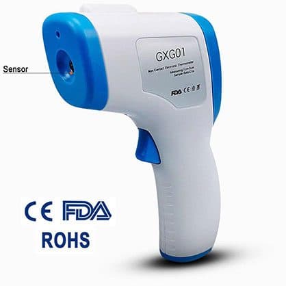 Side of a white and blue thermometer labelled GXG01 non contact electronic thermometer, with the sensor marked and CE, FDA and RoHS logos below