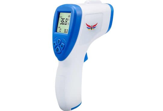 LiveTemp Pro white and blue gun-shaped thermometer with a green backlit screen showing 36.8 and a memory reading, and a winged logo on the side