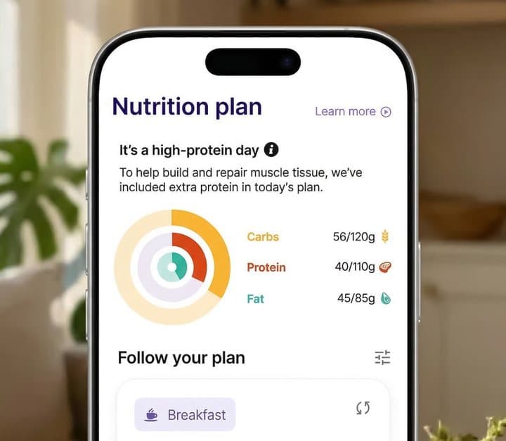 Phone showing the Lumen nutrition plan with daily carb, protein and fat targets