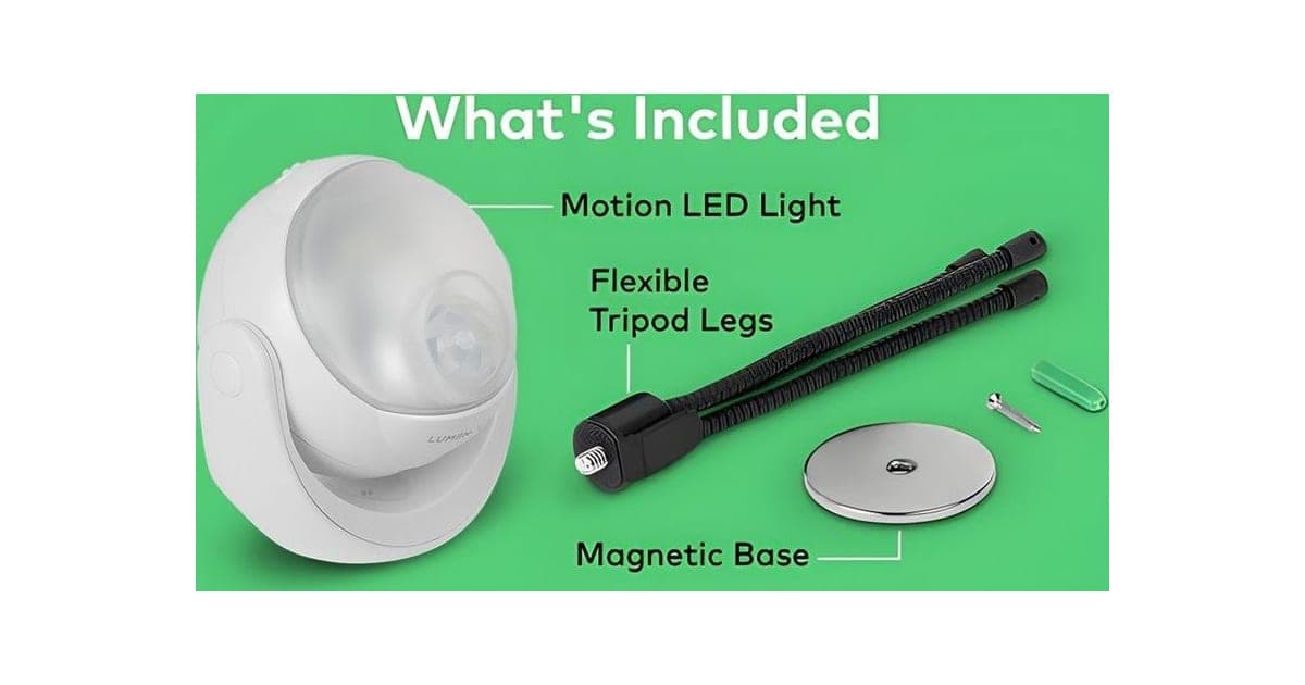 White Lumenology motion light with flexible black tripod legs, magnetic base and mounting screws