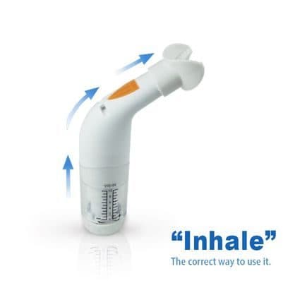 LungMaster with a bite-piece mouthpiece fitted and blue arrows showing air flowing in, with the word Inhale and the correct way to use it