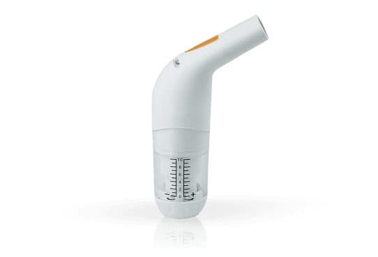 LungMaster hand-held trainer with an angled white tube and mouthpiece, a small orange window and a transparent base with a 0 to 10 scale