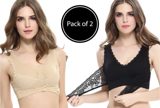 Woman in a nude lace LuxBra and another in a black LuxBra lifting the front cross panel, with a circle reading Pack of 2