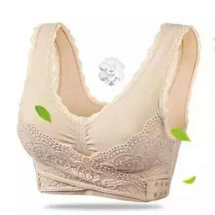 Nude LuxBra with lace trim, wide straps and a crossed front panel with hooks, with leaves and a flower graphic
