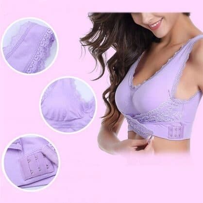 Woman fastening the front hooks of a lilac LuxBra, with close-ups of lace edging, padding and a three-row hook closure