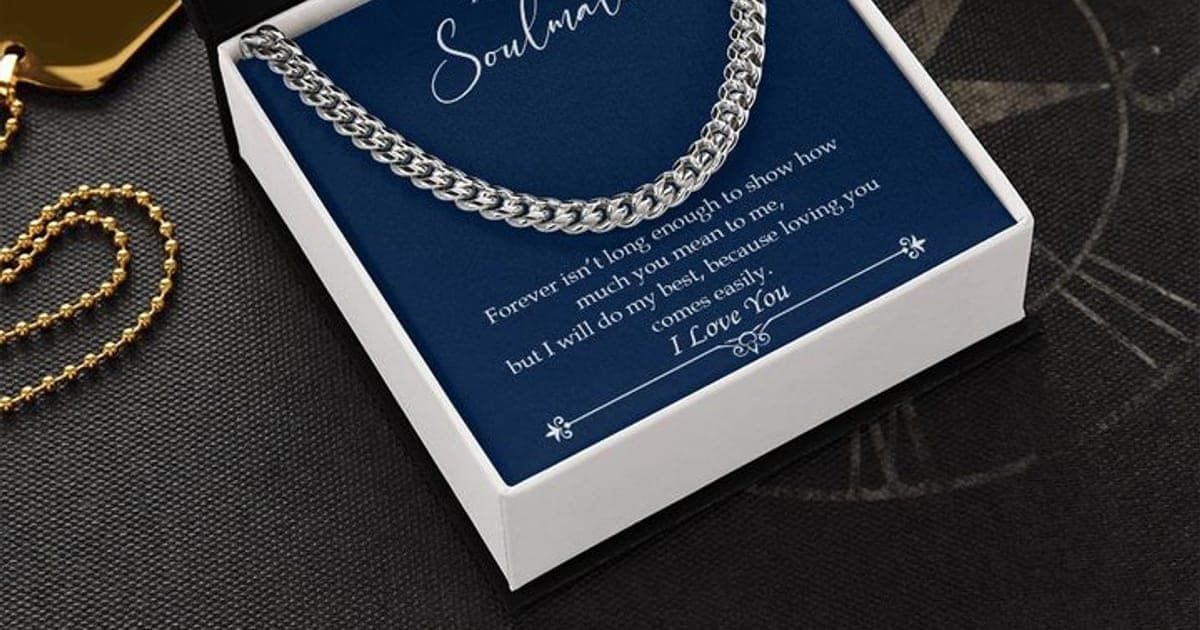 Silver-tone Luxury Cuban Link For Men chain on a navy To My Soulmate card in an open black and white box, beside a gold ball chain and dog tag