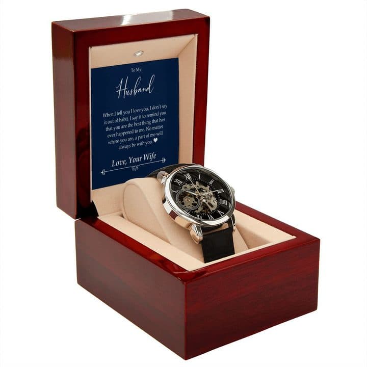 Silver-tone Luxury Open Watch with a skeleton dial and black strap in an open mahogany-style box with the To My Husband card in the lid
