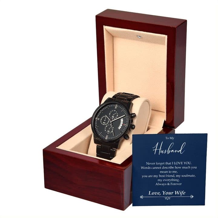 Black Luxury Watch chronograph in an open mahogany-style box with the navy To My Husband card standing to the right