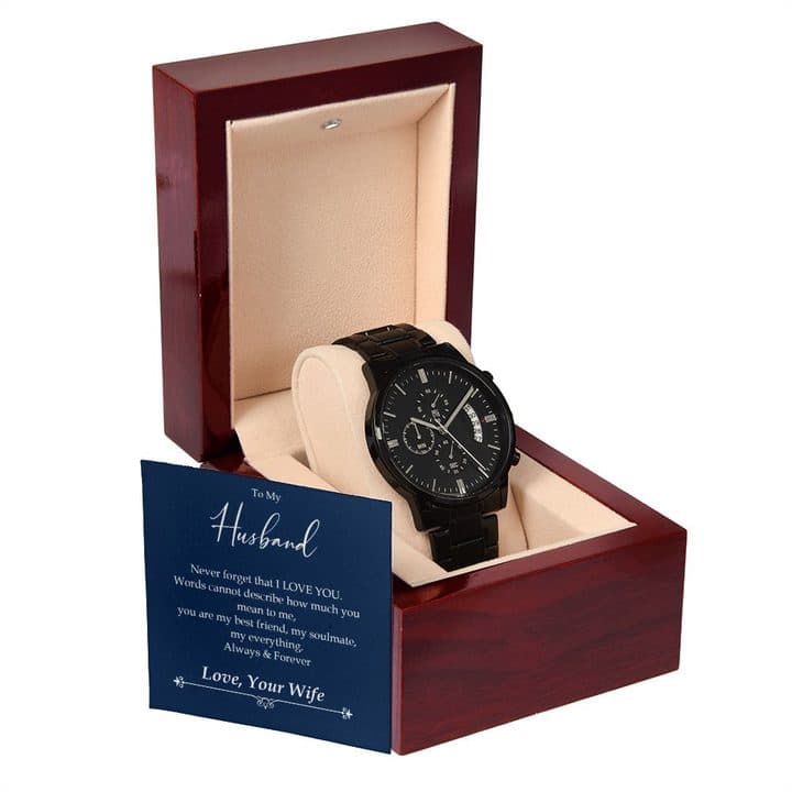 Black Luxury Watch in an open glossy mahogany-style box with the To My Husband card propped in front