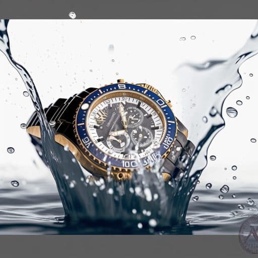 Blue and gold dive-style watch splashing into water, a different design from the black Luxury Watch