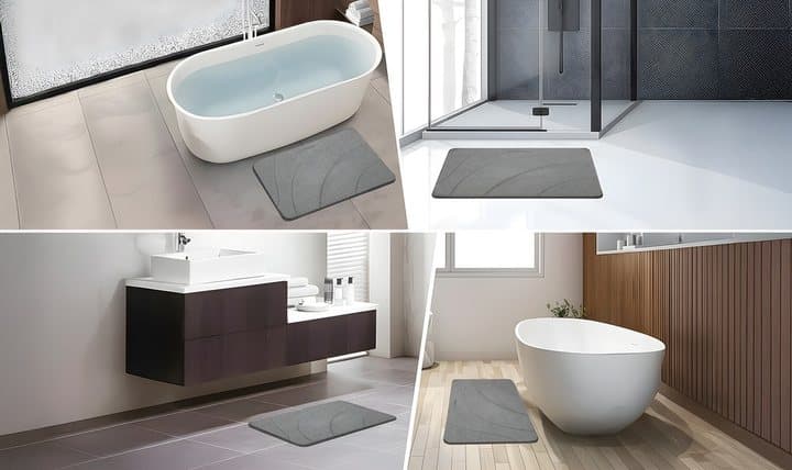 Four photos of the grey MatMend mat in different bathrooms beside tubs and showers