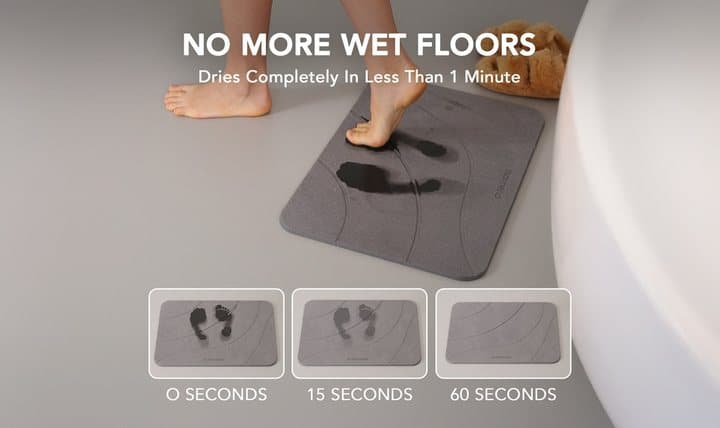 MatMend graphic showing wet footprints on the stone mat fading at 0, 15 and 60 seconds