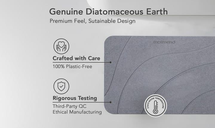 MatMend graphic labelled genuine diatomaceous earth with crafted with care and rigorous testing icons
