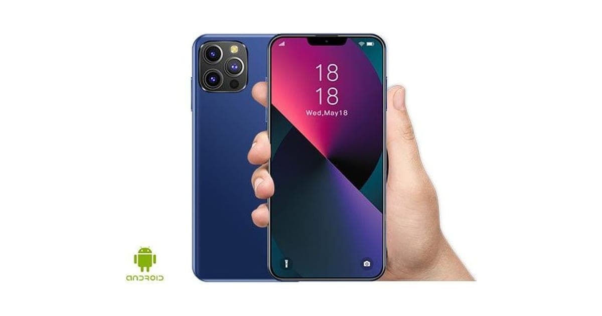 Blue MaxPhone with a square triple-camera bump seen from the back beside a hand holding the phone's notched screen, with an Android logo