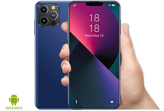 Blue MaxPhone back with three camera lenses next to the front of the phone held in a hand, showing a notch and an 18:18 lock screen