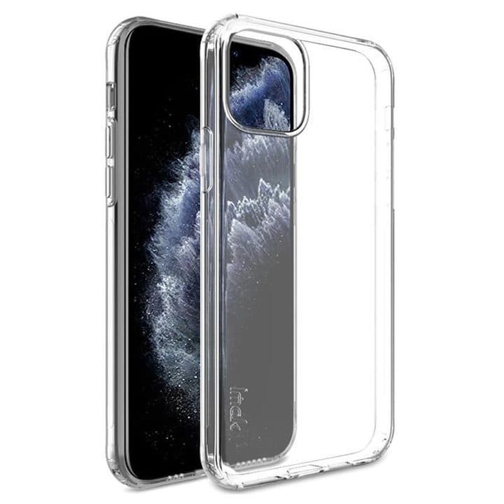 Clear MaxPhone protective case with a square camera cut-out, shown next to a phone with a dark wave wallpaper