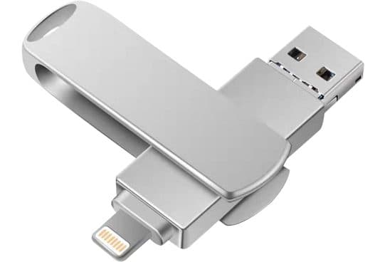 MemorySafeX silver metal flash drive with its swivel cover open, showing the Lightning plug below and the USB-A plug at the top