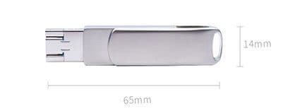Side view of the MemorySafeX drive with dimension lines marking 65 millimetres long and 14 millimetres high
