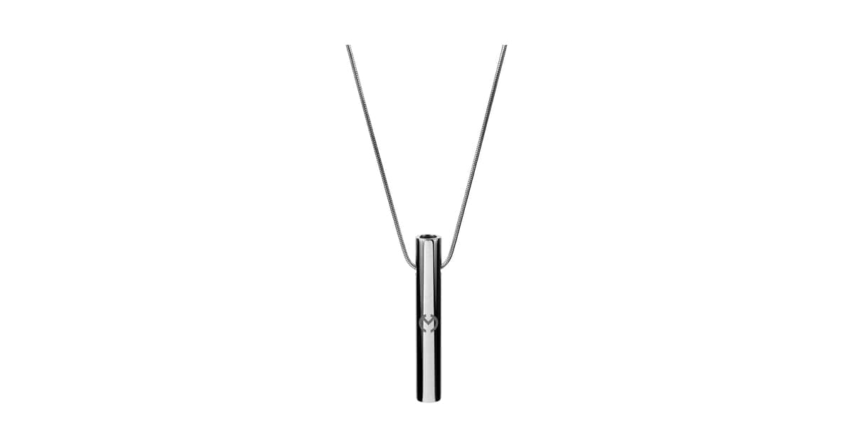 Polished silver Moksha Beam breathing pendant hanging on a fine stainless steel chain