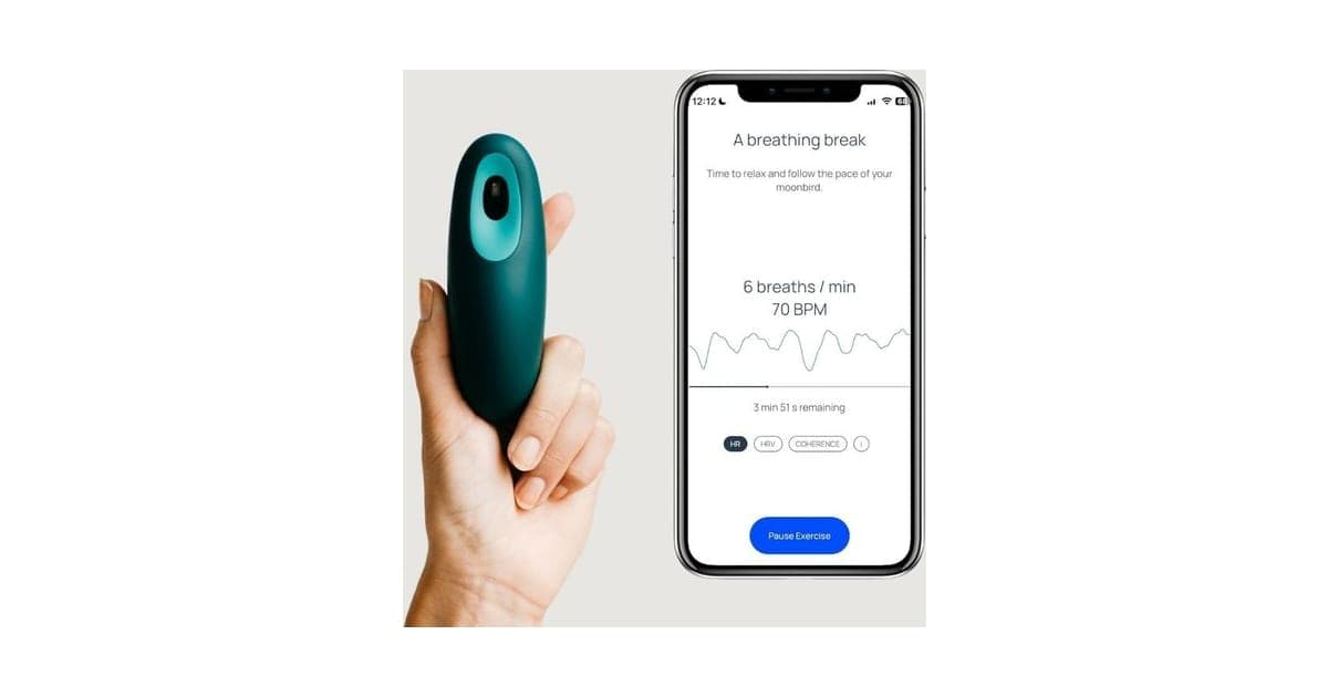 Teal Moonbird breathing device held in a hand next to a phone showing a breathing session at 6 breaths per minute