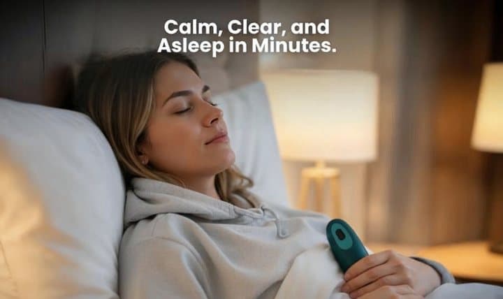 Woman lying in bed with eyes closed holding a teal Moonbird under the words calm, clear and asleep in minutes