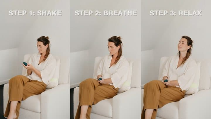Three photos of a woman shaking, breathing with and relaxing with a Moonbird device