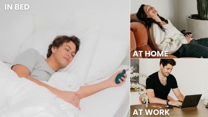 Moonbird used in bed, at home on a sofa and at work at a desk