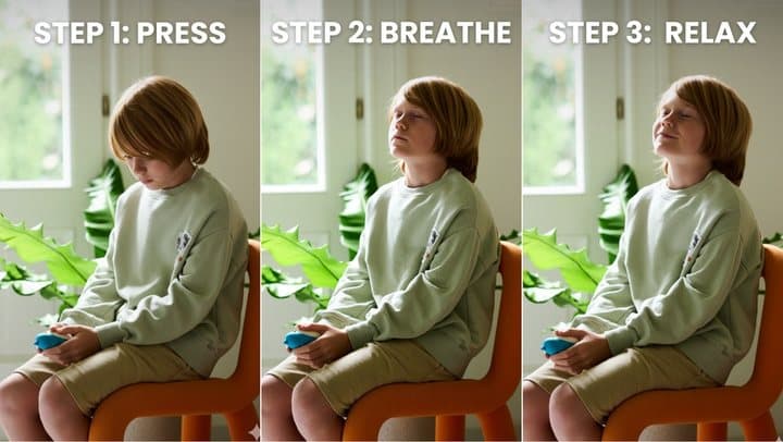 Three photos of a child pressing, breathing with and relaxing with a Moonbuddy breathing device
