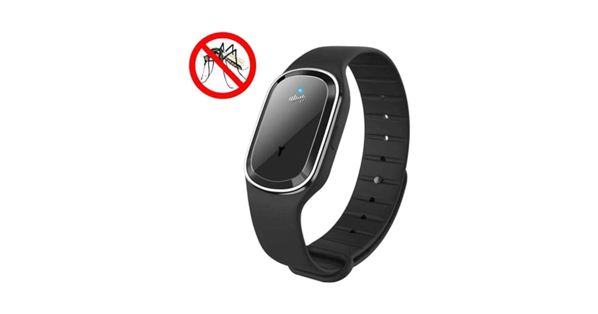 Black MoskiX Band wristband with an oval face next to a crossed-out mosquito symbol