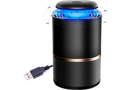 Mosquitron black and copper insect trap with blue light ring and a USB plug on its cable