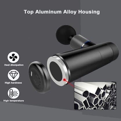 Black massage gun with a removable base under the heading Top Aluminum Alloy Housing, with icons for heat dissipation, high hardness and high temperature