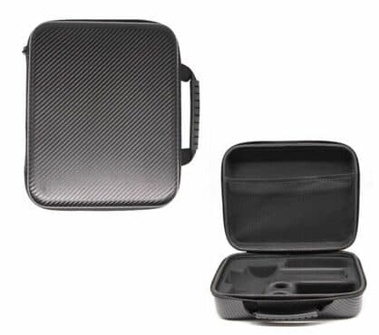 Black carbon-pattern hard case with a handle, shown closed and open with foam cut-outs for the gun and heads