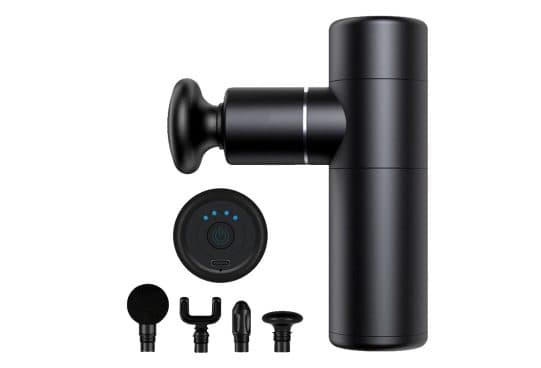 MuscleRelax Pro black L-shaped mini massage gun with a ball head, a round base with four blue lights and power button, and four heads: round, fork, bullet and flat