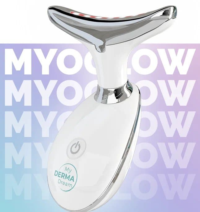 MyoGlow handheld device with a curved silver head and red light glow