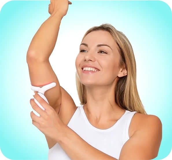 Woman holding the MyoGlow device against the underside of her raised upper arm