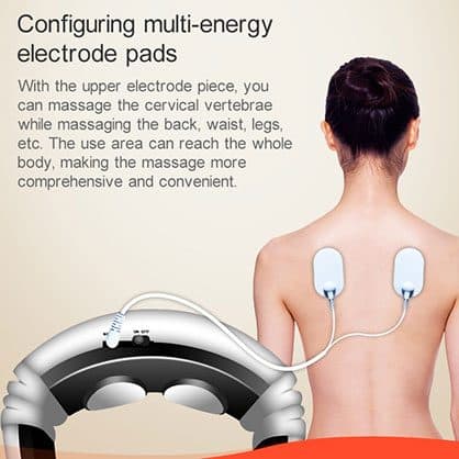 Two white EMS electrode pads wired to a neck massager and stuck on a woman's upper back, under the heading Configuring multi-energy electrode pads