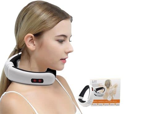 Side view of a woman wearing the white and black NeckMassager collar with red buttons, beside a box labelled KL-5830