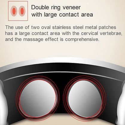Close-up of two round stainless steel contact pads inside a neck massager collar, under the heading Double ring veneer with large contact area