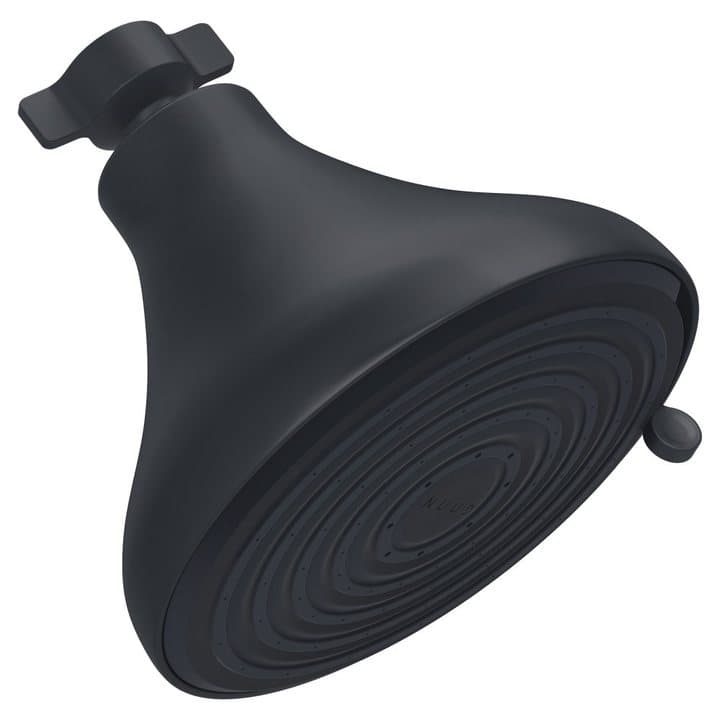 NUUD filtered shower head in matte black finish on a white background